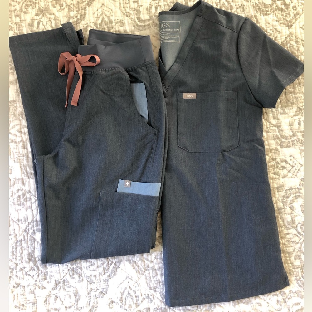 Figs Scrubs Heather Denim Set XXS Catarina top & XS Yola Skinny 2.0 pants